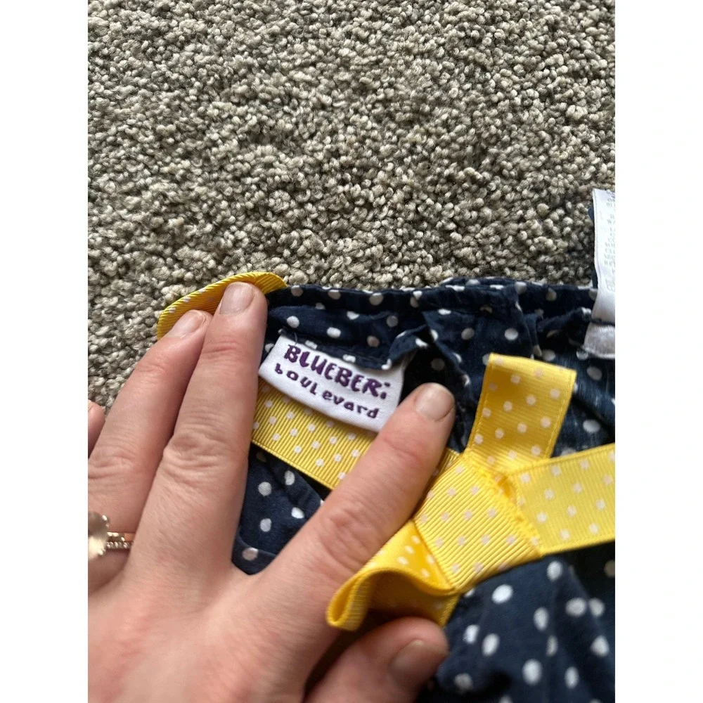 Blueberi Boulevard Navy Polka Dot Dress Yellow Ribbon Bows Rosettes Kids 12M